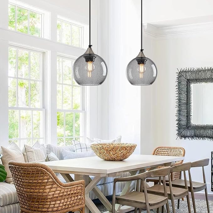 Light Grey Glass Pendant Lights Kitchen Island Globe Pendant Light Fixtures Modern Pendant Lighting for Bedroom Living Dining Room Light Fixture (5.9 in, 3 Pack)