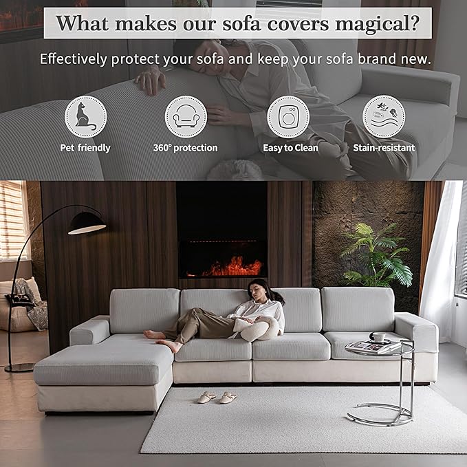 OHSIO Sectional Couch Covers, Wear Resistant Stretch Sofa Covers Washable Soft Couch Cushion Covers Anti Slip Furniture Protector Sofa Slipcovers for Pets(3 Pieces 2 Seaters+1 Chaise, Light Gray)