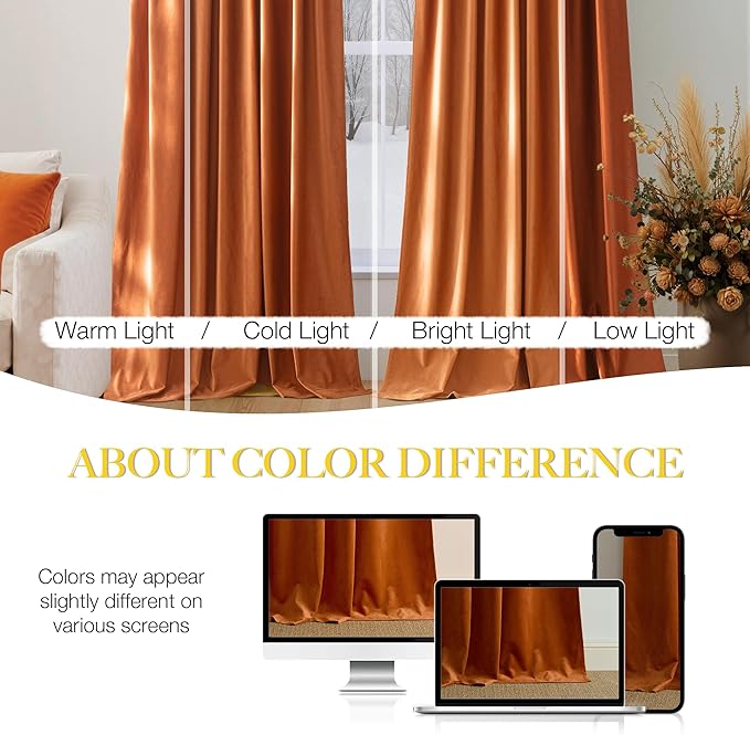 NICETOWN Orange Velvet Curtains 90 inch Long