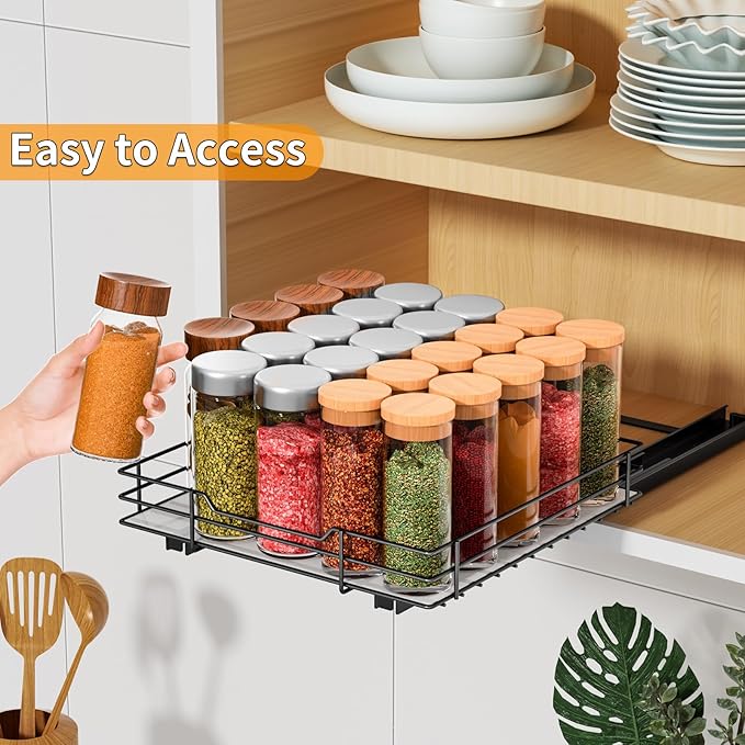 RCHYFEED Pull Out Spice Rack Organizer for Cabinet,Slide out Spice Organization for Inside Cabinets,Heavy Duty Seasoning Organizer Fits Kitchen and Pantry,Sauces,Canned (10.5''Wx10.5''Dx2.5''H)