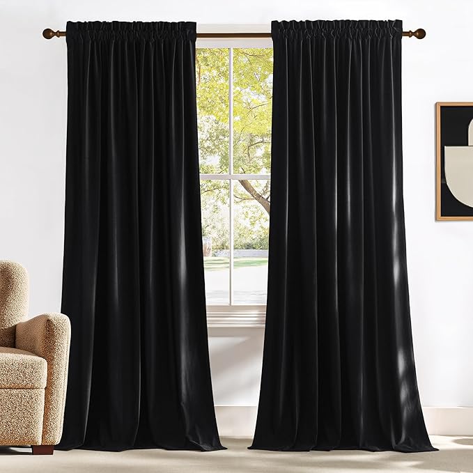 NICETOWN Black Velvet Blackout Curtains, Solid Heavy Matt Rod Pocket
