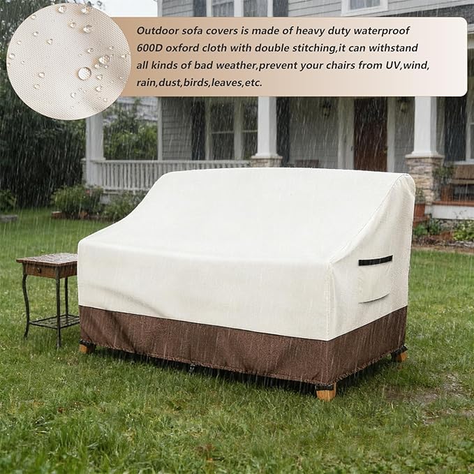 Waterproof Patio Sofa Cover, Heavy Duty 3-Seater Outdoor Couch Cover Size Up to 85W x 38D x 35H Inches, Lawn Patio Furniture Covers with Air Vent (Beige)