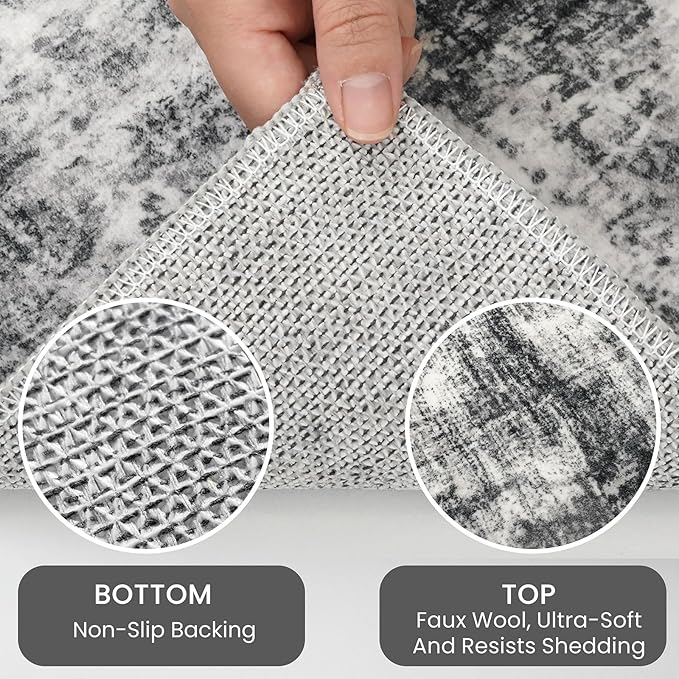 IOHOUZE Abstract Round Area Rug 6 Ft Washable Circle Rugs Large Round Rug Non Slip Thin Soft Circle Rugs, Printed Faux Wool Floor Carpet for Bedroom Living Room Dining Room Nursery, Black Grey