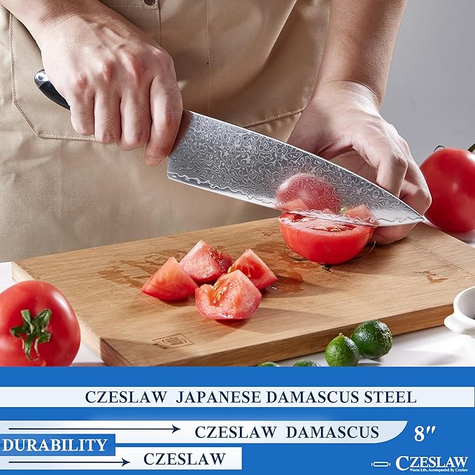 Chef Knife - 8 Inch kitchen knife, Japanese Damascus Chefs Knife, Professional Sharp Forged Black Japanese Damascus Cooking Knife, Full Tang, Ergonomic ABS Handle Design