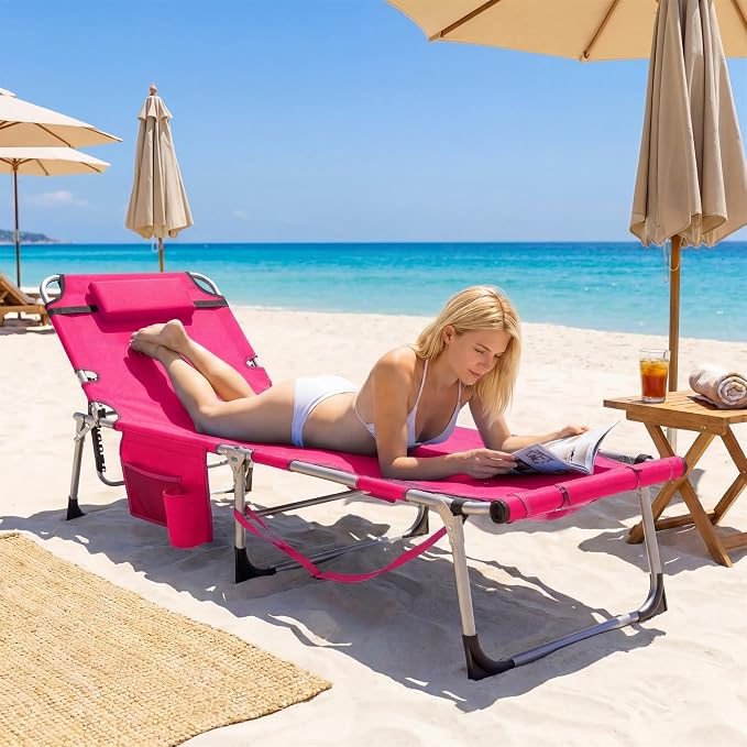 Giantex Tanning Chair, 330Lbs Patio Lounge Chair with 5 Adjustable Position, Face & Arm Hole, Hand/Shoulder Strap, Removable Pillow, Side Pocket, Chaise Lounger for Beach Sunbathing Outdoor, Pink
