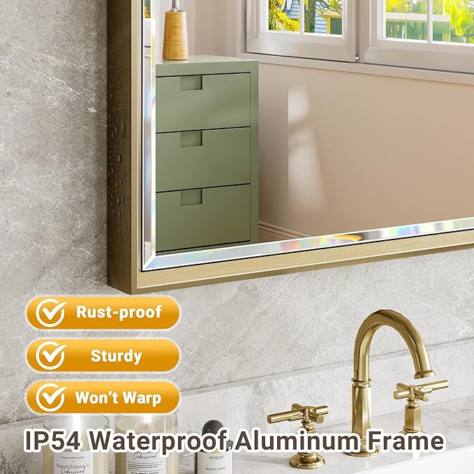40 x 30 Gold Bathroom Mirror, Brushed Gold Beveled Bathroom Mirror,