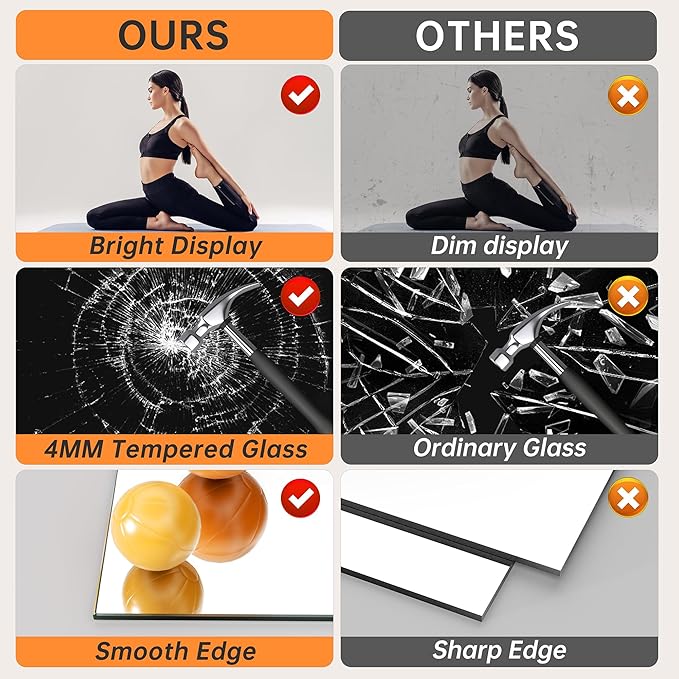 Hasipu 4 Pcs 48''x24'' Home Gym Mirror Large Full Length Wall Mounted Full Body Mirror for Yoga Dance Fitness Exercise Studio Bedroom Garage, Frameless Tempered Glass Workout Mirrors Black Rectangular