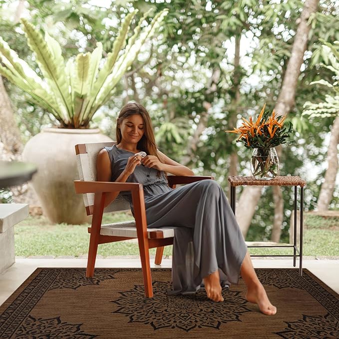 CAMILSON Outdoor Rug, 9x12 Medallion Nut Brown Black Modern Area Rugs for Large Indoor and Outdoor Patios, Kitchen and Hallway Mats, Washable Porch Deck Outside Carpet (Nut Brown Black, 9 x 12)