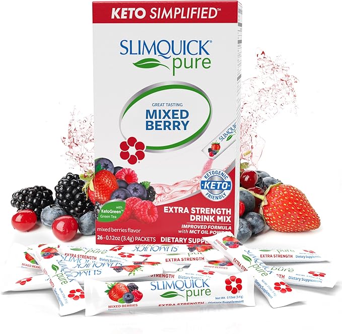 Slimquick Pure 3x Extra Strength Mixed Berry Drink Mix for Women to Help Achieve Weight Goals, Helps Metabolism, Keeps Full for Longer with Green Tea, Caffeine, Chaste Tree, Rhodiola Extract, 26 Count