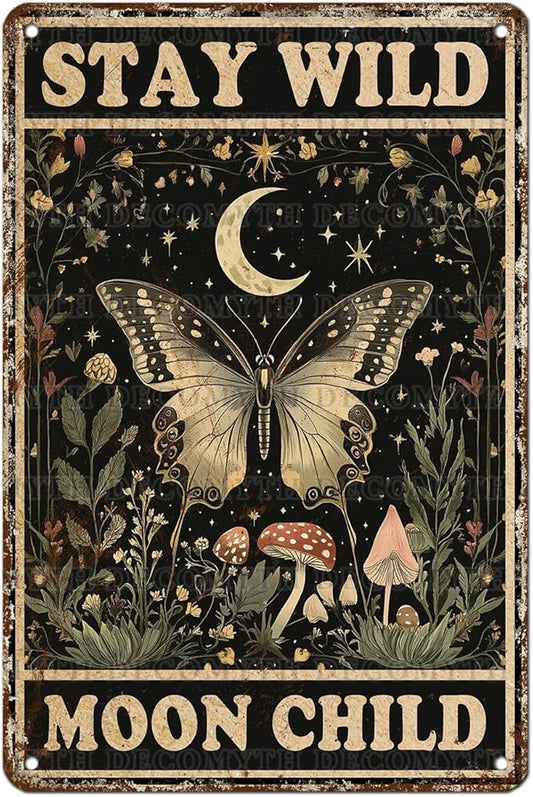 Vintage Tin Sign Butterfly Stay Wild Moon Tin Sign Retro Wall Decor for Home Office Room Wall Decor Poster 12 * 8inch
