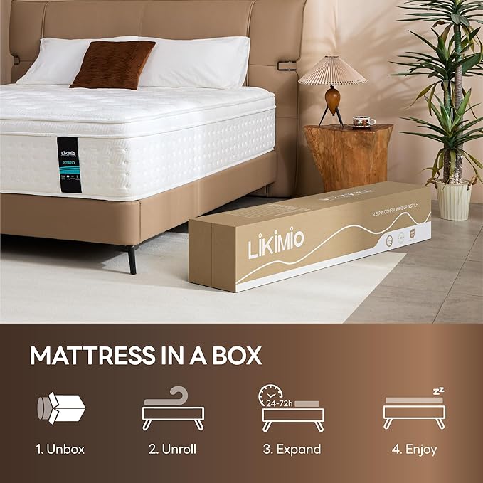 LIKIMIO 10 Inch King Mattress, Cool Hybrid Mattress in a Box, Gel Memory Foam, Individual Pocket Springs for Strong Edge Support, Motion Isolation, Pressure Relief, Oeko-TEX & CertiPUR-US, SG Made