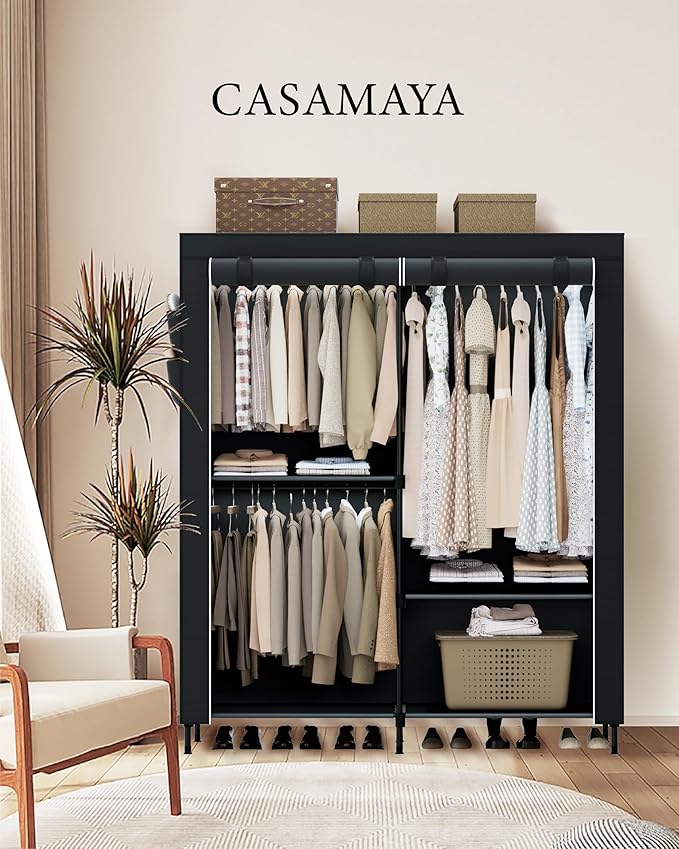 Clothes Rack, Portable Closet, 54.7 Inch Large Capacity Wardrobe Closet with Cover, Clothes Storage Organizer with Shelves and 3 Hanging Rods, Easy to Assembly, Black PCT122B01
