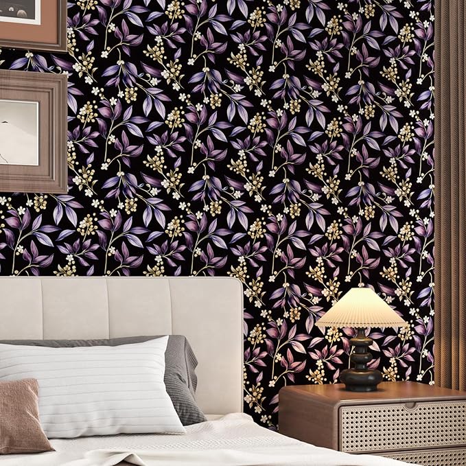 Extra Long Vintage Purple Leaves Wallpaper, 17.5In x 393In Black Botanical