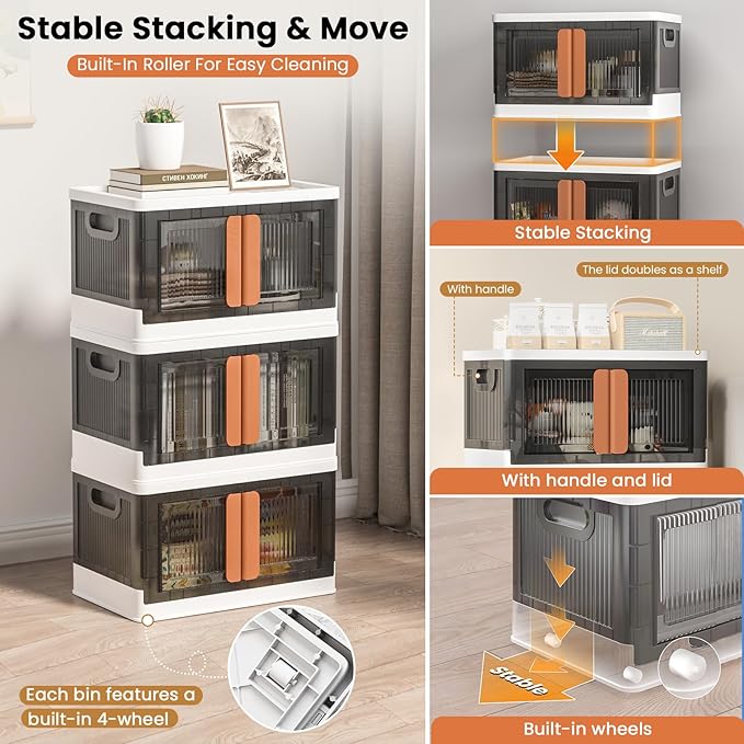8.4Gal Collapsible Storage Bins with Lids & Wheels - 1 Pack Stackable with Doors, Heavy-Duty Plastic Containers for Home/Office, White