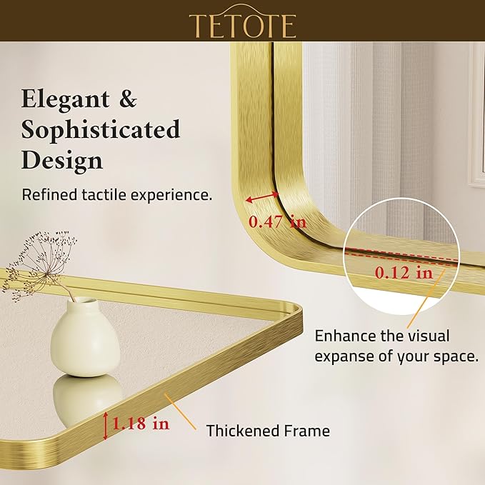 TETOTE Brushed Gold Bathroom Mirror, 24 x 32 Inch Metal Framed Mirror, Brushed