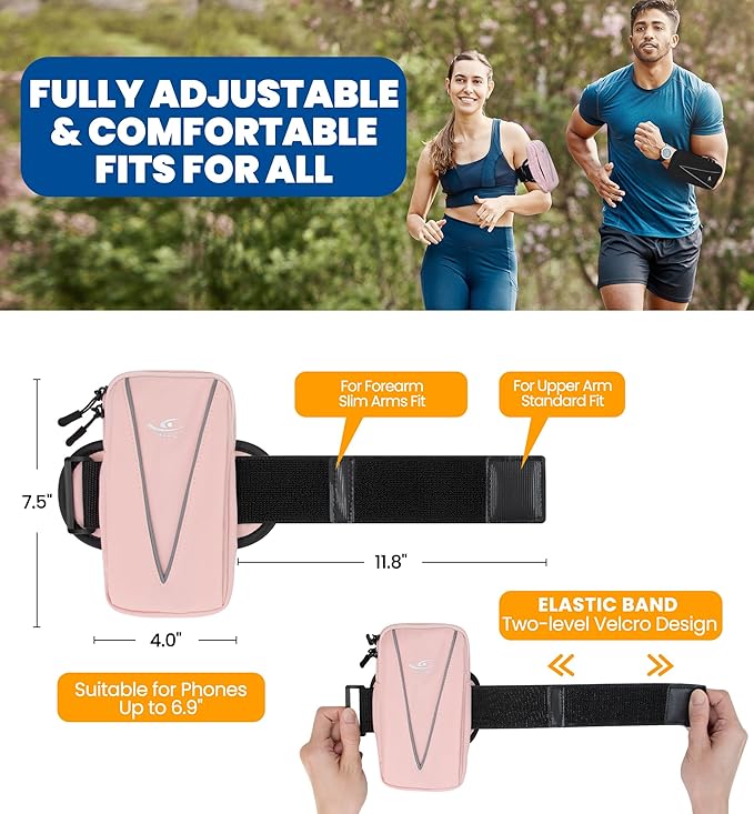 HiRui Cell Phone Holder Arm Bag & Wrist Bag for Phone, Sports Running Armband for Gym & Cycling, Compatible with iPhone 16/16Pro/Plus/15/14 Samsung Galaxy All Phones, Reflective & Adjustable (Pink)