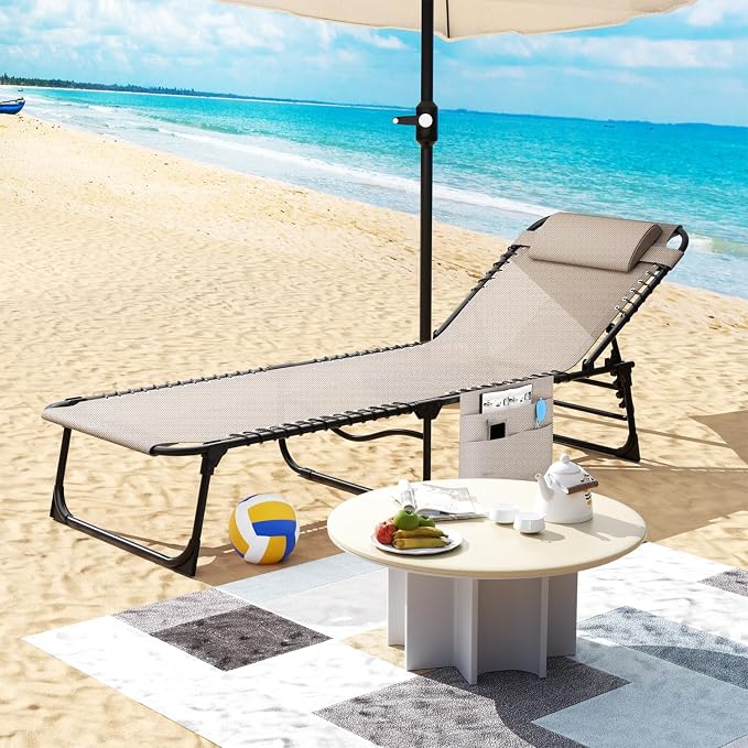 EBE Folding Lounge Chair, Outdoor Adjustable Chaise Lounge Chair, Portable Tanning Chaise with Detachable Pillow and Side Pocket, Reclining Chairs for Pool Beach Patio Sunbathing, Beige