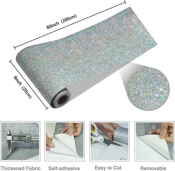 CRE8TIVE Silver Holographic Glitter Wallpaper Border Fabric Glitter Wallpaper