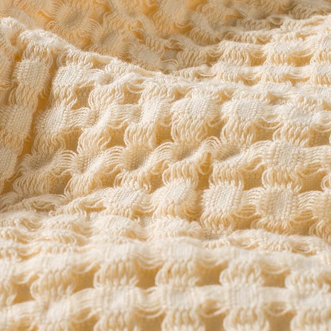 Carriediosa 100% Cotton Waffle Weave Blanket 400GSM Breathable Thermal Blankets for Bed Couch Sofa Soft and Cozy Throws for All Season Home Decor, 50"X 60" Light Yellow