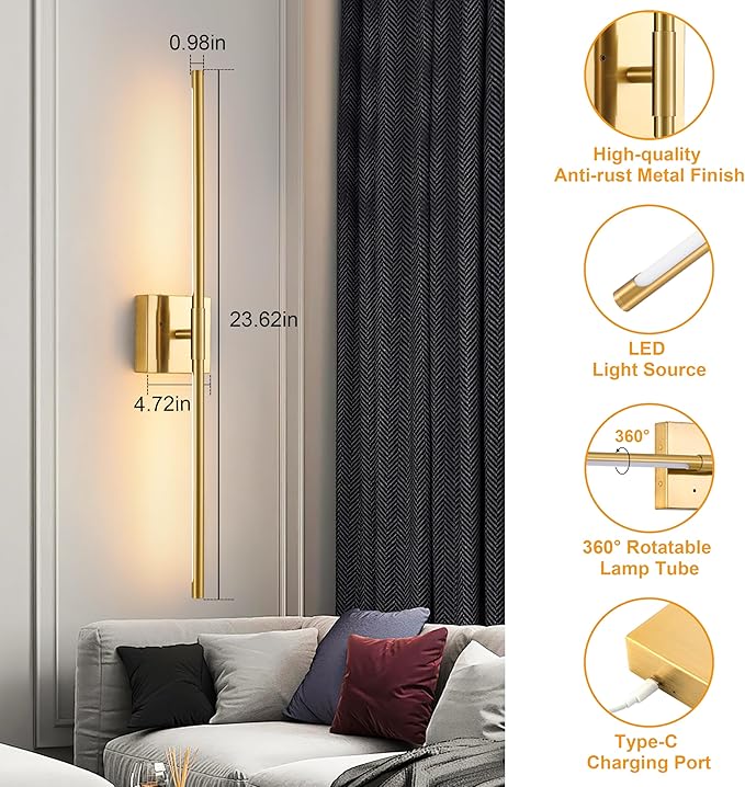 Morauroral Gold Rechargeable Wall Sconces Set of 2, 10000mAh Battery Operated