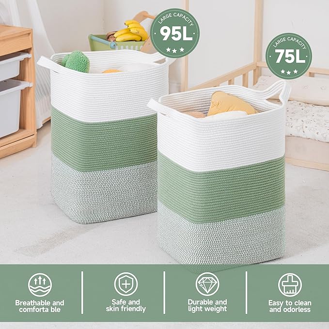 CLHMILY&Z 75L Laundry Basket Rectangular Green Rope - 16x13x22 Inches - Dirty Clothes and Soft Storage Bin for Blankets, Toys, and Nursery Essentials