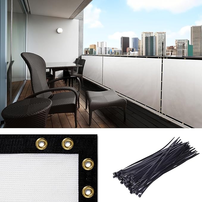Amgo Custom Made 3' x 24' White Balcony Privacy Screen, Apartment Porch Railing Patio Fence Windscreen Fabric Cloth, Heavy Duty, Commercial and Residential, 90% Blockage (We Customize)