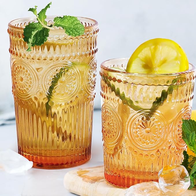 12pcs Vintage Drinking Glasses Set, 12 oz Highball Glasses & 9 oz Embossed Ribbed Glassware Cups for Thanksgiving Cocktail, Juice, Coffee, Whiskey (Amber)