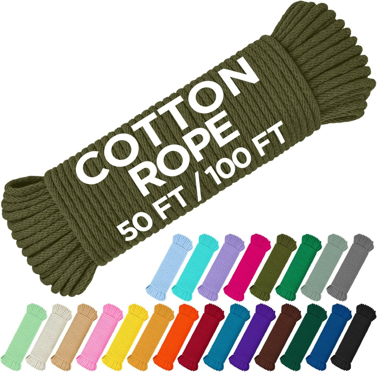 TECEUM Cotton Rope 3/16” (5 mm) – 50 FT – Strong All-Purpose Braided Rope – Natural Cotton – for Crafting, Сamping, Clothes Line, DIY, Indoor & Outdoor Use – Army Green