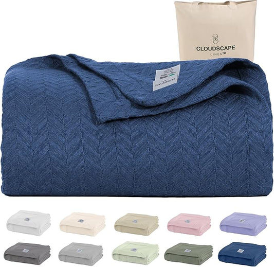 Cloud Scape Linen 100% Cotton Queen Size Blanket, Herringbone Pattern, Lightweight Summer Blanket,Best Gifts for Women, fits Full Size Bed, 92 x 92, Ensign Blue