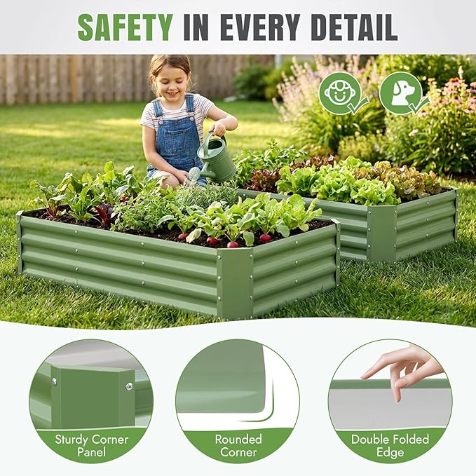 INNO STAGE 2 Pcs 4×2×1ft Galvanized Raised Garden Bed Kit, Galvanized Planter Raised Garden Boxes Outdoor, Large Metal Raised Garden Beds for Vegetables, Flowers, Herbs, and Succulents, Olive Green