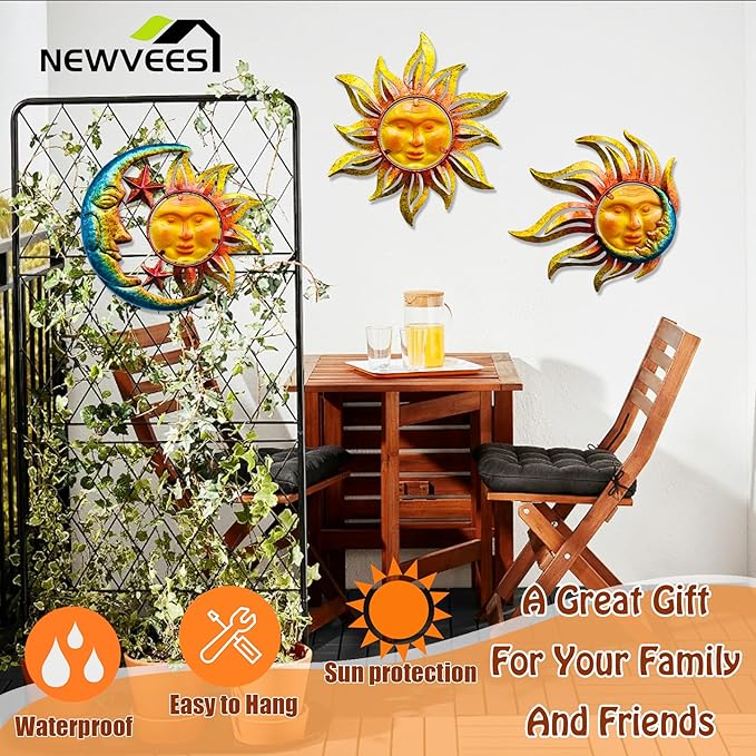 Sun Face Metal Wall Art Décor Outdoor Indoor, Sun Moon Star, Metal Glass Hanging for Garden Sun Face Sculptures & Statues Statues Wall Art for Farmhouse, Patio, Garden Decoration(3 Pack)