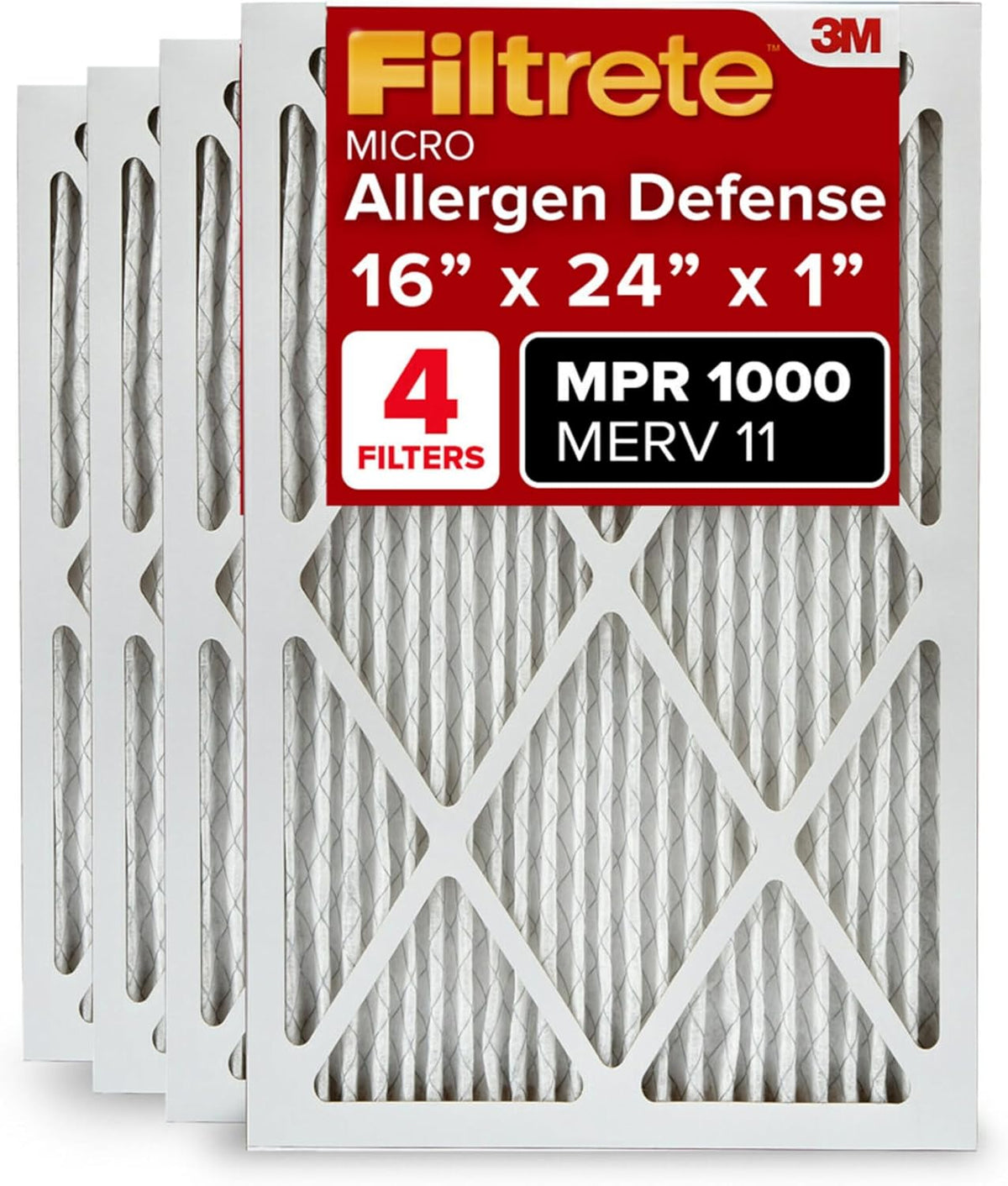 Filtrete 16x24x1 AC Furnace Air Filter, MERV 11, MPR 1000, Micro Allergen Defense, 3-Month Pleated 1-Inch Electrostatic Air Cleaning Filter, 4 Pack (Actual Size 4-Pack 23.813x15.813x0.656 in)