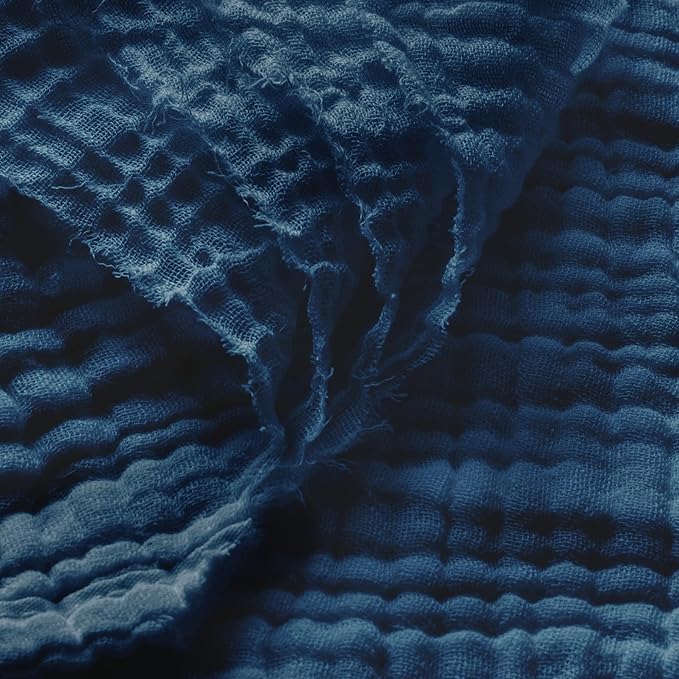 Carriediosa 100% Cotton Muslin Throw Blanket 66" X 90" Twin XL Size，4-Layers Summer Gauze Throws for Bed Couch，Soft Lightweight Breathable Linen Blankets Bedspread for Adults All Season，Navy Blue