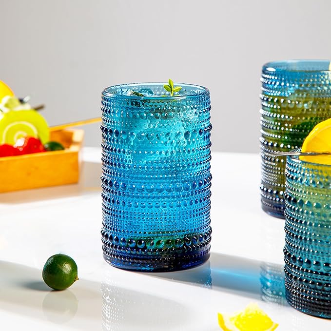 Set of 8 Hobnail Drinking Glasses Vintage Blue Glassware - 4 Highball Glasses 14 oz, 4 Rocks Glass Cup 11 oz, Embossed Old Fashioned Glassware for Water,Wine,Beer,Juice, (Cornflower Blue)