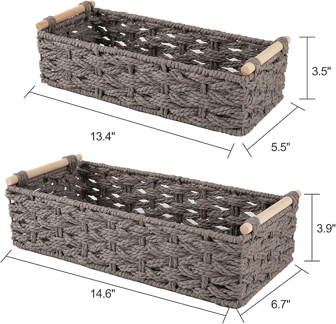 OIAHOMY Toilet Paper Baskets Handmade Paper Rope Decorative Wicker Storage Tank Shelf Cabinet Organizer for Bathroom Home, Set of 2, Grey