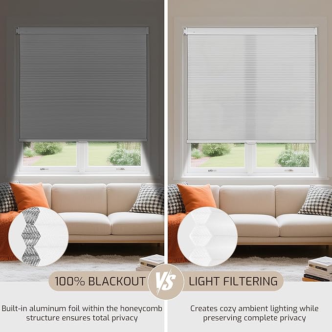 Grandekor No Drill No Tools Cordless Cellular Shades, 30.5" W x 64" H, Light