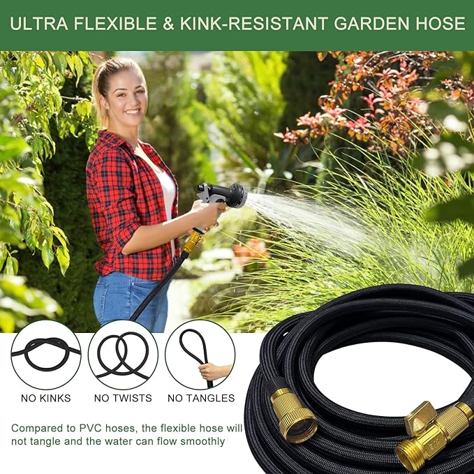 Garden Hose Non-Expandable 75 ft, Lightweight Flexible Water Hose with 10 Function Spray Nozzle, Outdoor Leak Proof, Kink-Free, Portable Hose for Yard, Lawn, Camper, High-Density Fabric, Black Grey