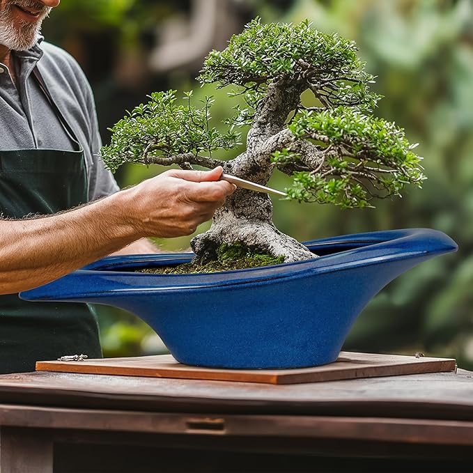 Bonsai Tree Pot 18 Inch - Ceramic Succulent Pots Large Bonsai Planter for Indoor Outdoor Plants Decorative Plant Pot with Drainage Hole Flower Pot for Home Garden Room Decor Blue