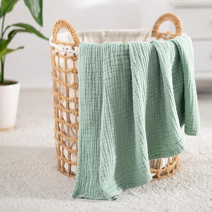 Carriediosa 100% Cotton Muslin Throw Blanket 50" X 70" Throw XL Size，4-Layers Summer Gauze Throws for Bed Couch，Soft Lightweight Breathable Linen Blankets Bedspread for Adults All Season，Sage Green