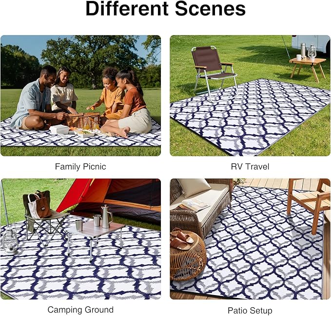 OLANLY Reversible Outdoor Rug 6x9 ft Clearance, Waterproof Outdoor Plastic Straw Rug with Interlacing Pattern, RV Mat for Patio, Camping, Balcony, Deck, Backyard, Navy & White