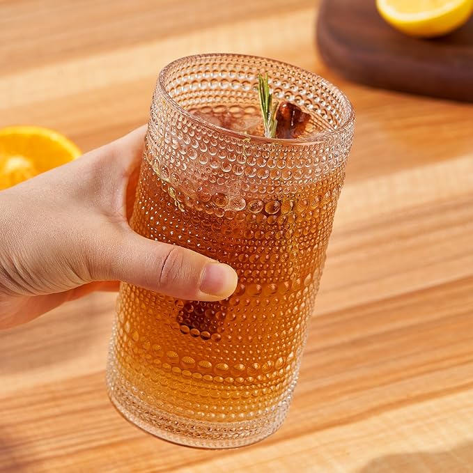 16oz Hobnail Drinking Glasses Set of 6, Vintage Large Capacity Embossed Clear Tumblers, Highball Glasses for Water, Cocktail, Beer, Whiskey, Juice & Bar Use