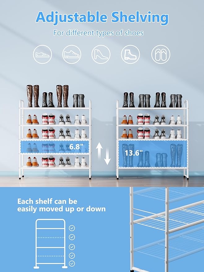 SUFAUY 33" Wide Shoe Rack, 5 Tier Shoe Storage Rack for 24-30 Pairs of Shoes, Shoe Organizer for Entryway, Steel Frame, Industrial, White