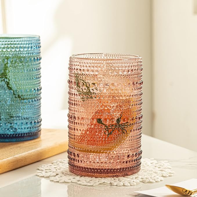 Vintage Glassware Set - 4pcs Multicolor 15.2oz Hobnail Drinking Glasses for Beer, Cocktail, Soda & Juice - Embossed Old Fashioned Glassware with Four Unique Colors