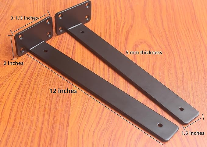 4 Pack - 12 inch Black Hidden L Shelf Bracket Iron Floating Shelf Brackets