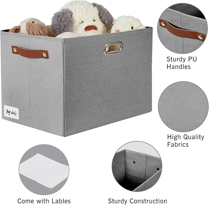 3-Pack Foldable Fabric Storage Bins with Durable PU & Metal Handles, Collapsible Storage Baskets for Shelves, Home Storage, Closet Organizers, Living Room(17"x11.8"x11.8", Grey)