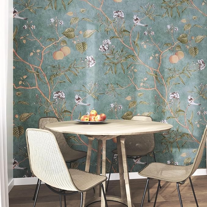 Laatse Green Floral Wallpaper Peel and Stick Bird Wallpaper 17.5" x 393"