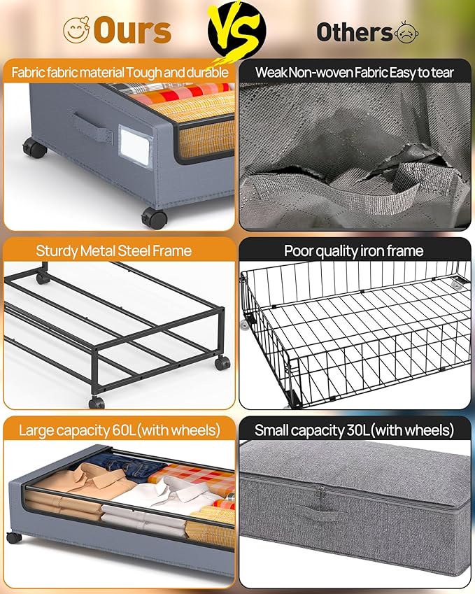 Under Bed Storage With Wheels, 2 Pack Square Containers, 60L Bins, Rolling Metal Drawer for Clothes, Blankets, Shoes
