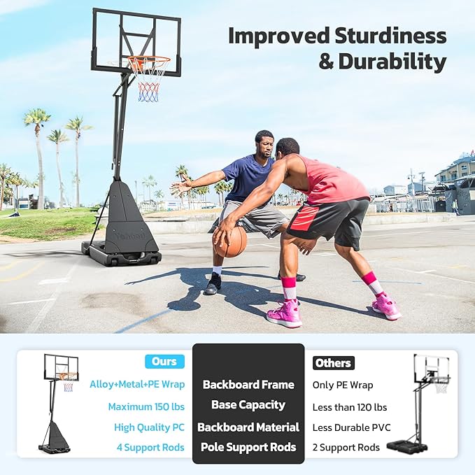 Basketball Hoop Outdoor Portable 44/48 Inch Backboard, 10ft Quickly Adjustable Basketball Goal System with Wheels for Court/Backyard/Driveway