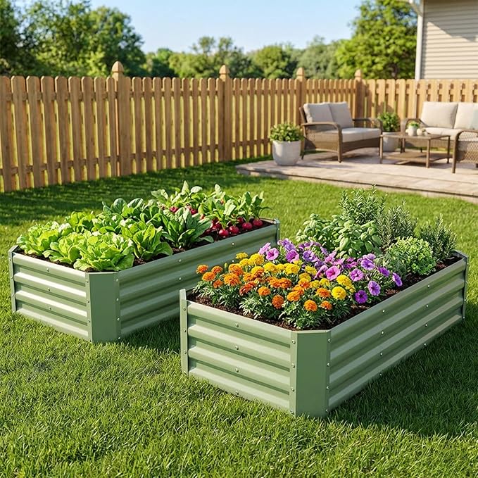 INNO STAGE 2 Pcs 4×2×1ft Galvanized Raised Garden Bed Kit, Galvanized Planter Raised Garden Boxes Outdoor, Large Metal Raised Garden Beds for Vegetables, Flowers, Herbs, and Succulents, Olive Green