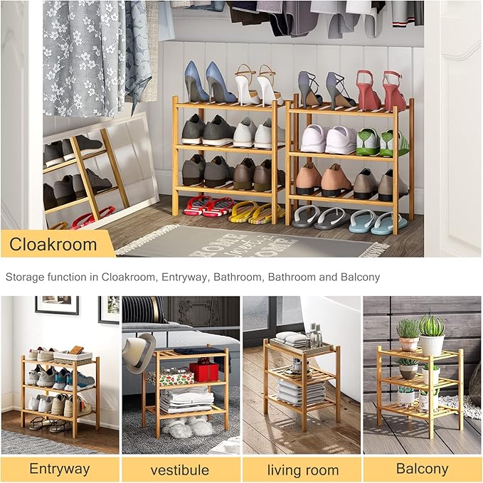3-Tier Small Shoe Rack for Entryway, Stackable | Heavy Duty | Multi-Function, Bamboo Free Standing Shoe Racks for Bedroom Hallway Closet